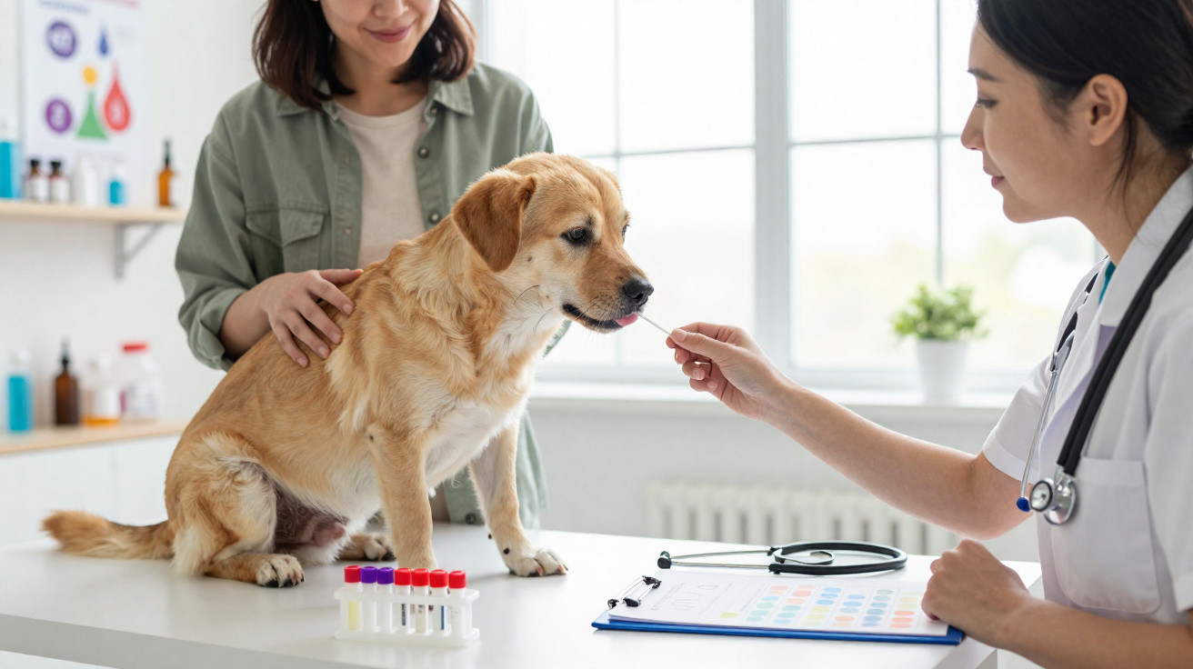 Tierärztin untersucht mit Wattestäbchen Hund im Behandlungsraum, Besitzerin streichelt den Hund beruhigend.