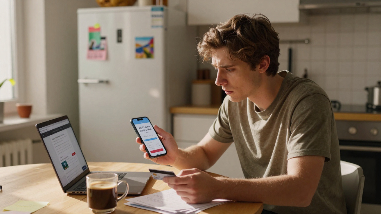 Junger Mann tätigt Online-Bezahlung mit Smartphone, Laptop und Kreditkarte in moderner Küche.
