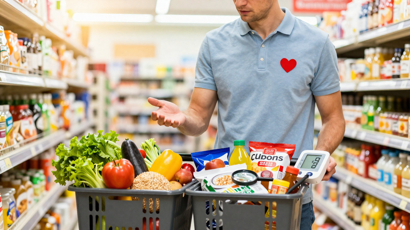 Mann mit Herzsymbol auf Hemd im Supermarkt mit zwei Einkaufskörben voller Lebensmittel und Messgerät.