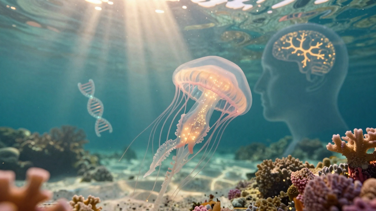 Medizinisches Konzept: Qualle unter Wasser mit DNA-Doppelhelix und menschlichem Kopf mit Gehirn im Hintergrund.