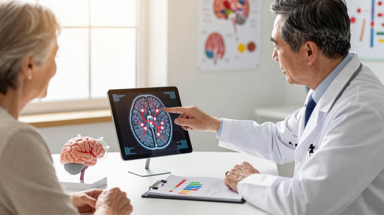 Arzt erklärt ältere Patientin Hirnscan mit digitaler Grafik auf Bildschirm in heller Praxis.