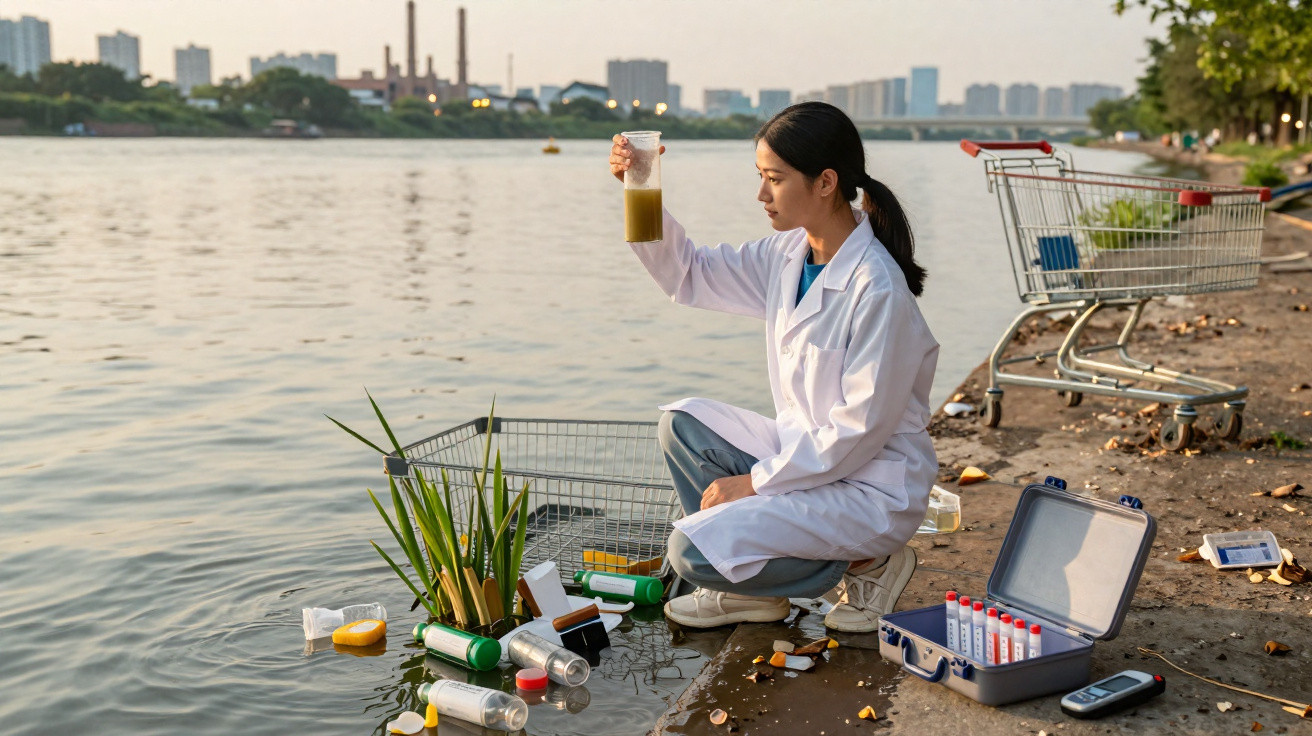 Wissenschaftlerin im Laborkittel untersucht Wasserprobe am Flussufer mit verunreinigtem Wasser und Einkaufswagen im Hintergru