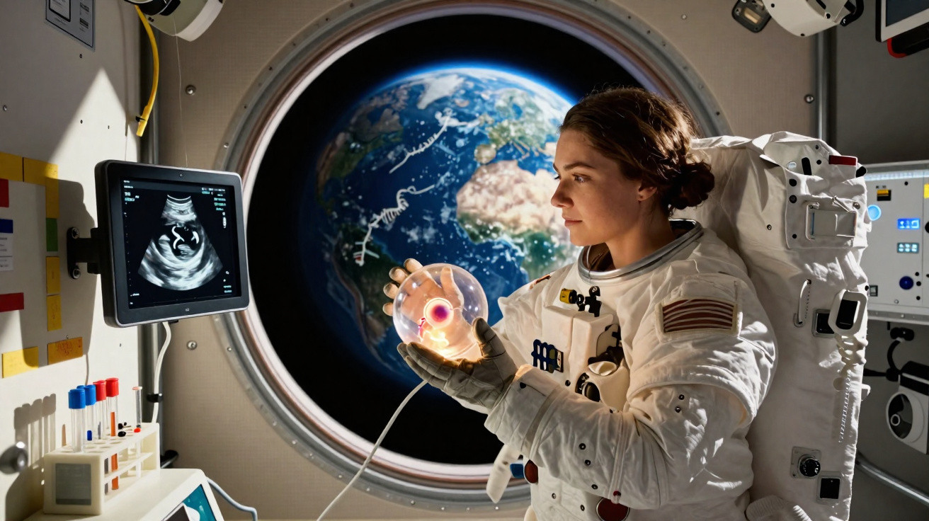 Astronautin im Raumanzug untersucht Zellkultur vor Erdansicht durch Raumstationsfenster.