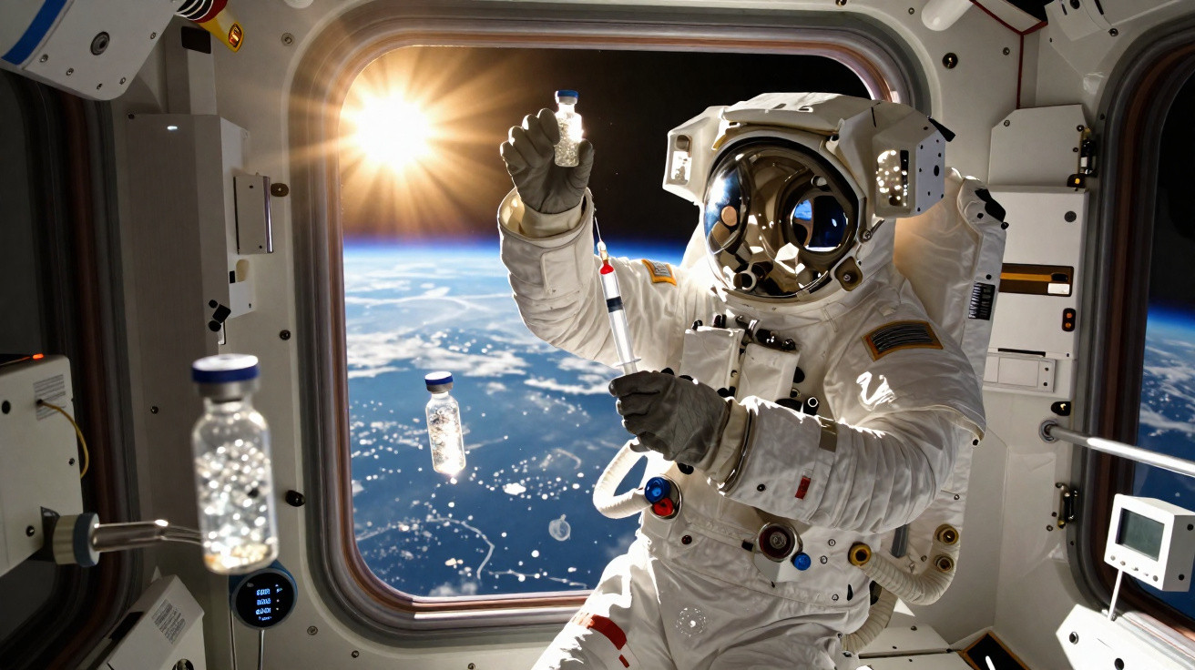 Astronaut in Raumanzug arbeitet mit Flüssigkeitsbehältern in Raumstation mit Erde und Sonne im Hintergrund.