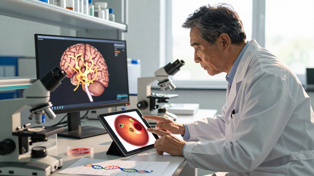 Wissenschaftler im Labor analysiert mit Tablet und PC digitale Darstellungen von Gehirn und Auge.