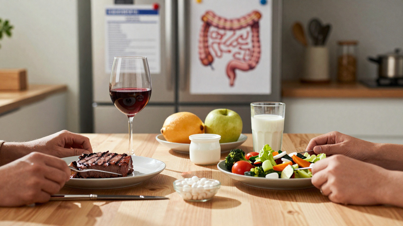 Personen essen am Tisch: Links Steak mit Rotwein, rechts Salat mit Milch und Obst, Hintergrund Darmmodell.