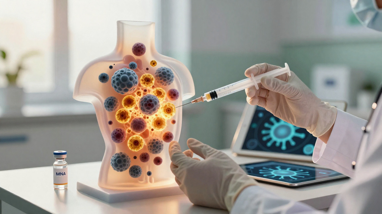 Medizinische Visualisierung einer Spritze mit Impfstoff gegen Viren in einem Körpermodell im Labor.