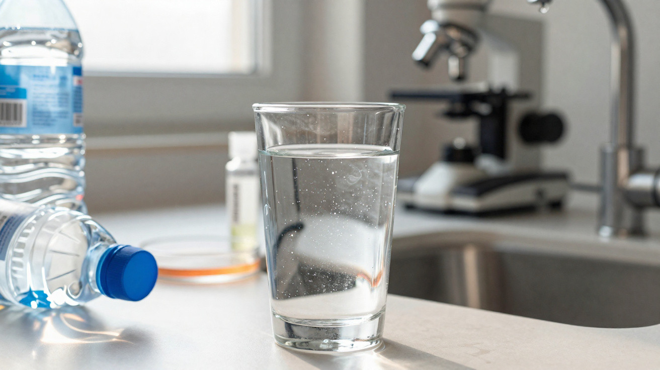 Klares Wasserglas auf Küchentheke mit abgefülltem Wasser und Mikroskop im Hintergrund