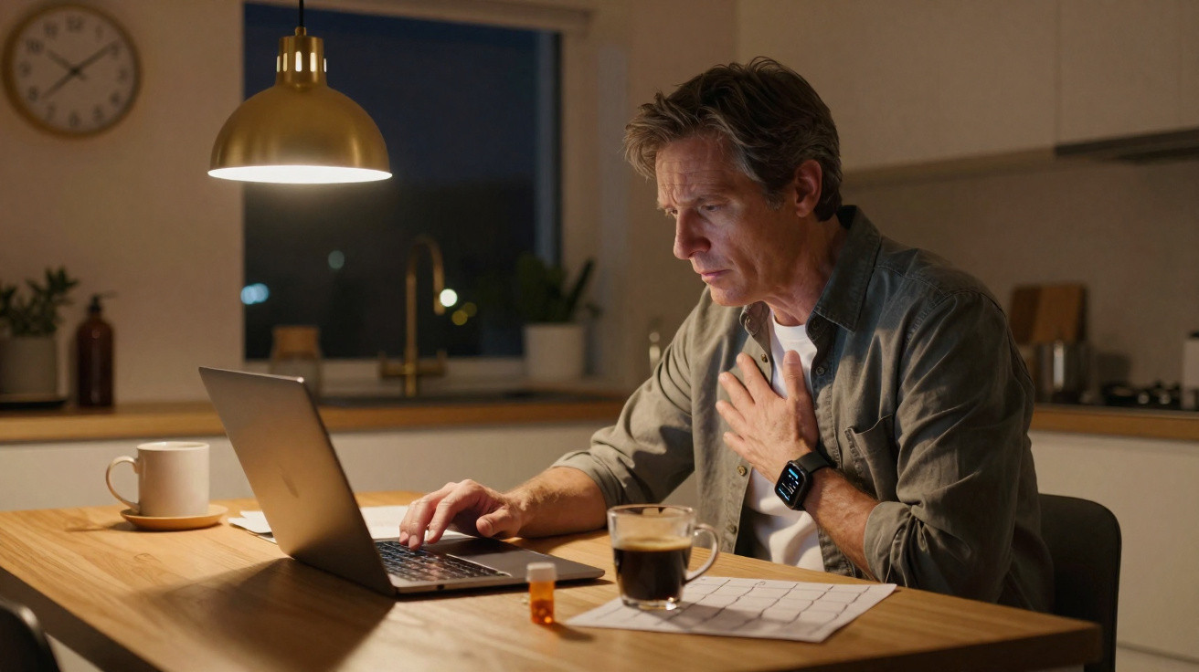 Mann sitzt am Küchentisch nachts, schaut besorgt auf Laptop, hält sich an die Brust, neben Kaffee und Medikamente.
