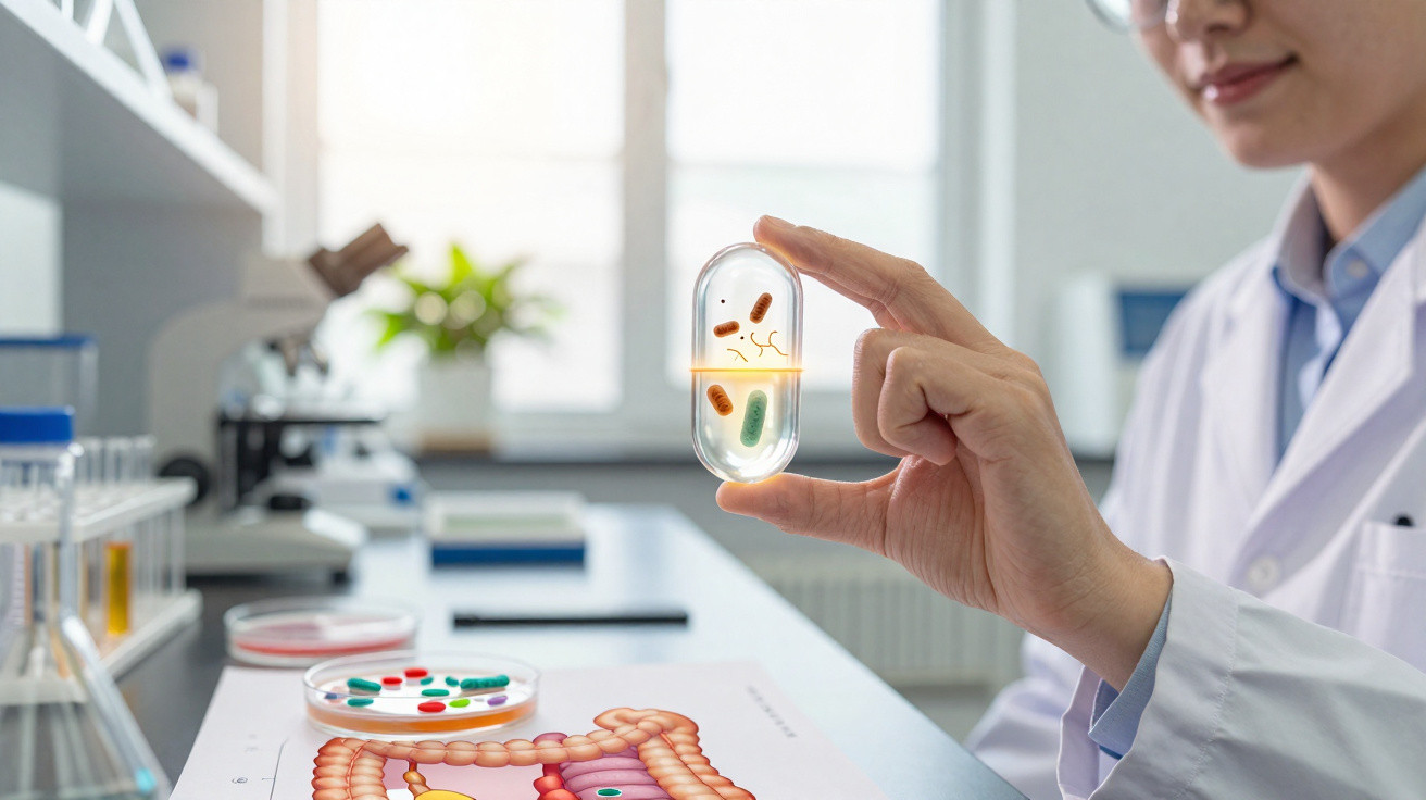 Wissenschaftlerin hält transparente Kapsel mit Mikroorganismen in modernem Labor mit Darmmodell.