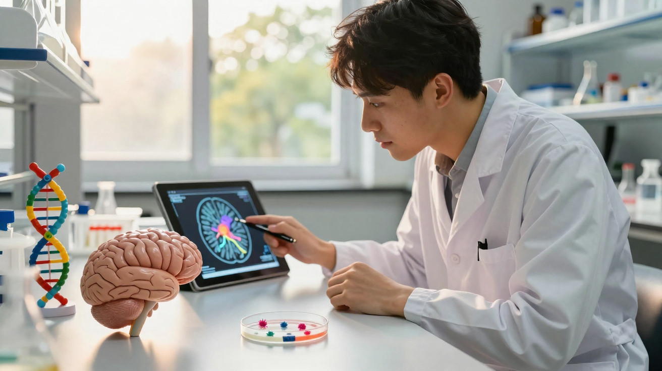 Wissenschaftler im Labor untersucht Gehirnmodell und Hirnschnitt auf Tablet mit DNA-Modell im Hintergrund.