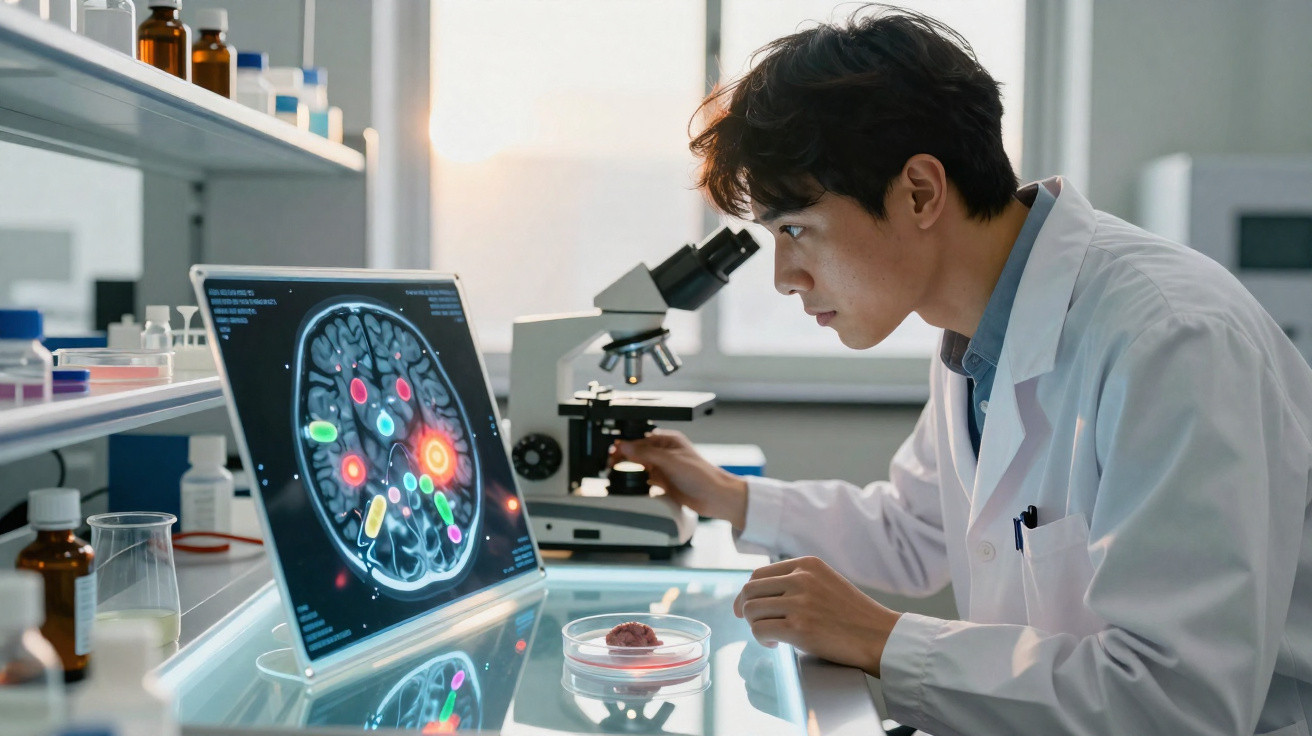 Forscher im Labor untersucht mit Mikroskop und digitalem Gehirnscan Daten zur neurologischen Forschung.