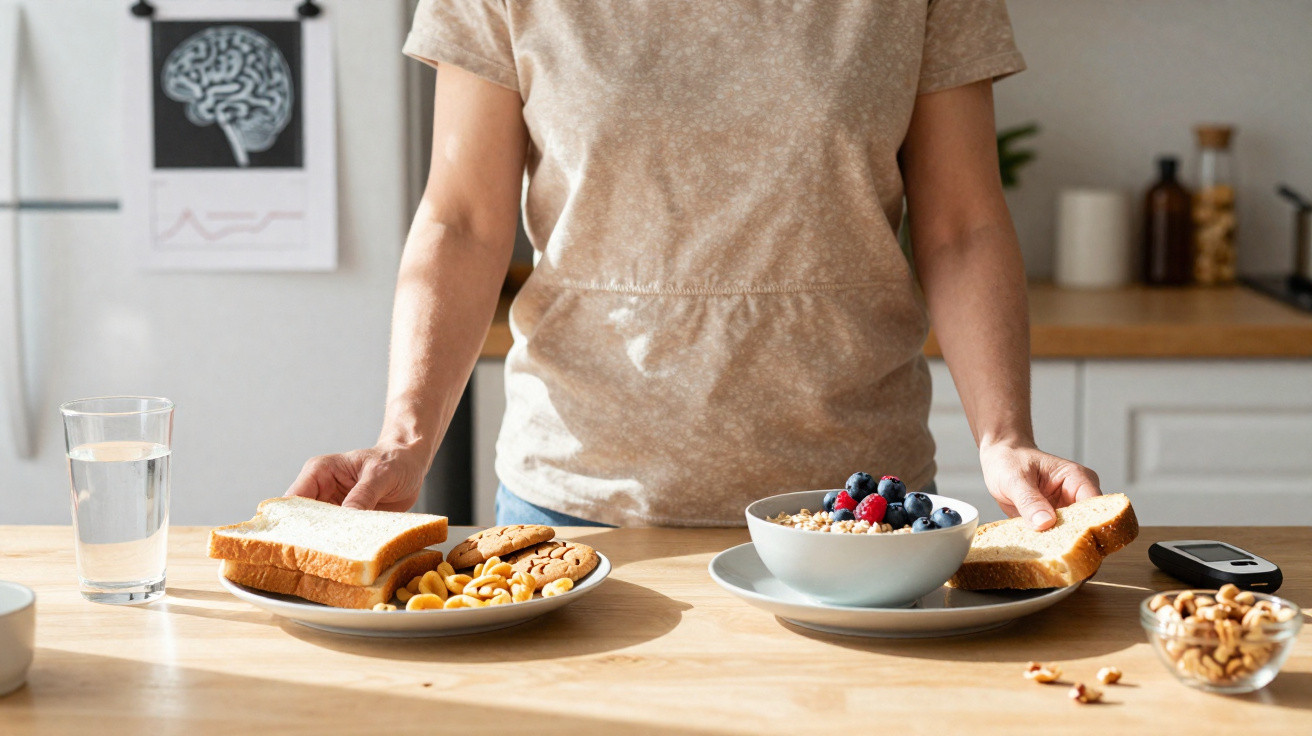 Person wählt zwischen ungesundem und gesundem Frühstück mit Brot, Keksen und Beeren-Joghurt in Küche.