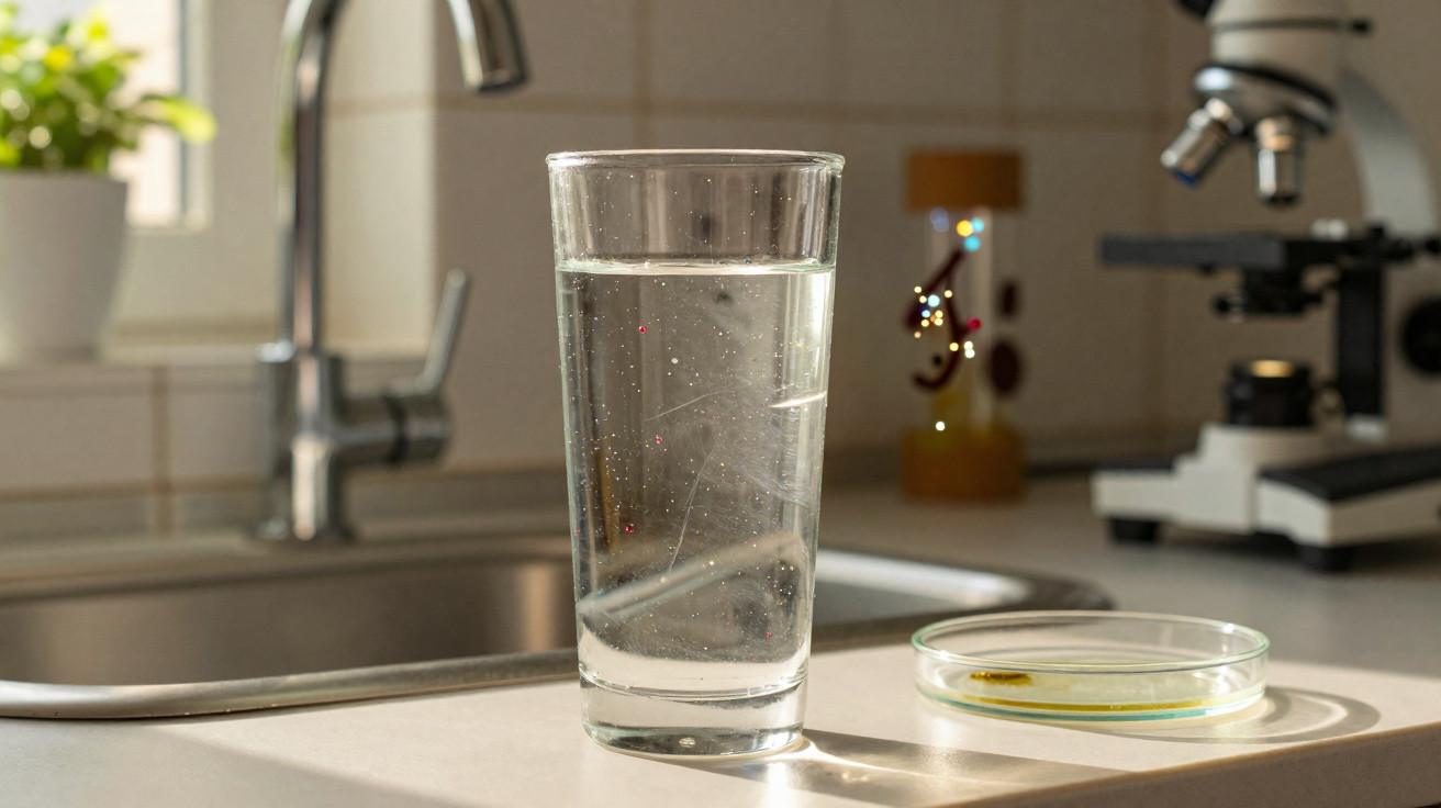 Glas mit klarem Wasser auf Küchenarbeitsplatte neben einer Petrischale und Mikroskop im Hintergrund