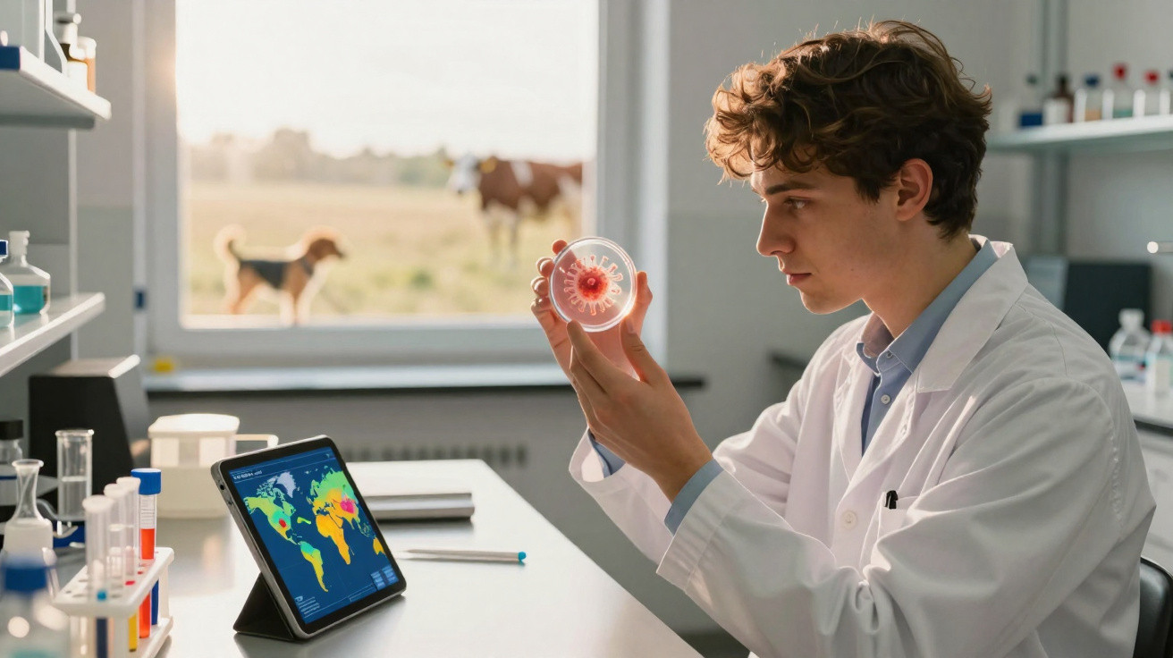 Junger Wissenschaftler im weißen Kittel untersucht Virusmodell in Petrischale im Labor mit Tablet und Pferden draußen.