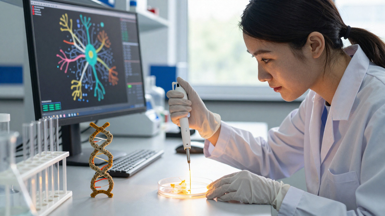 Wissenschaftlerin mit Laborhaube pipettiert Flüssigkeit in Petrischale, Computer zeigt neuronales Netzwerk.