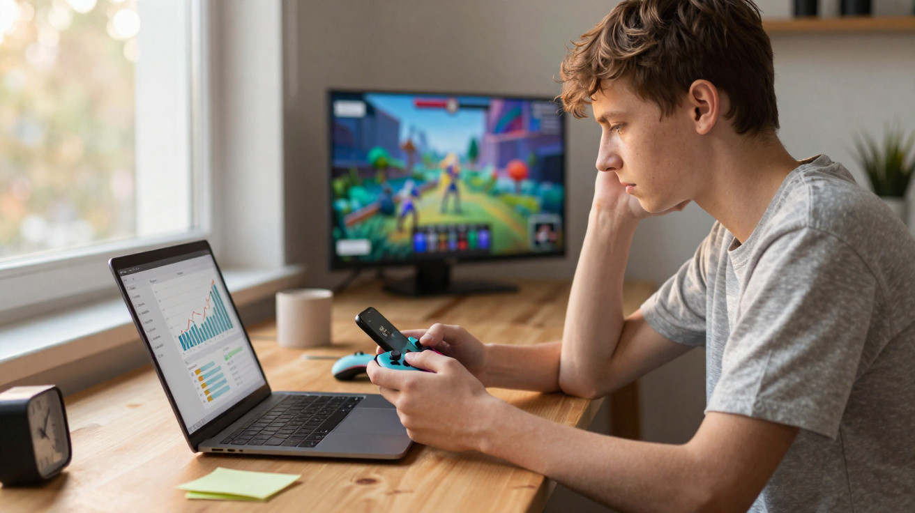 Junger Mann spielt mit Gamecontroller vor Laptop und Monitor mit Spiel in einem hellen Raum am Holztisch.