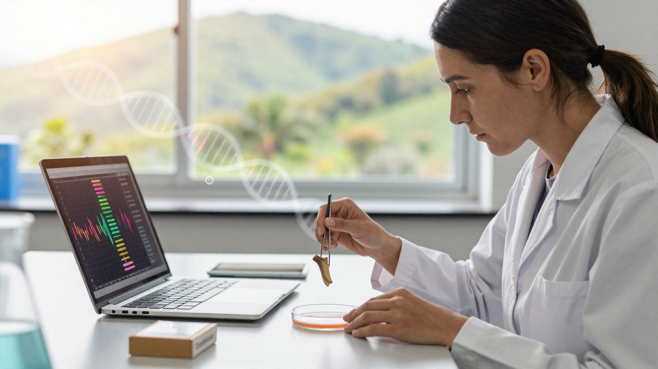 Wissenschaftlerin im Labor untersucht mit Pinzette eine Probe vor Laptop mit DNA-Daten auf Bildschirm.