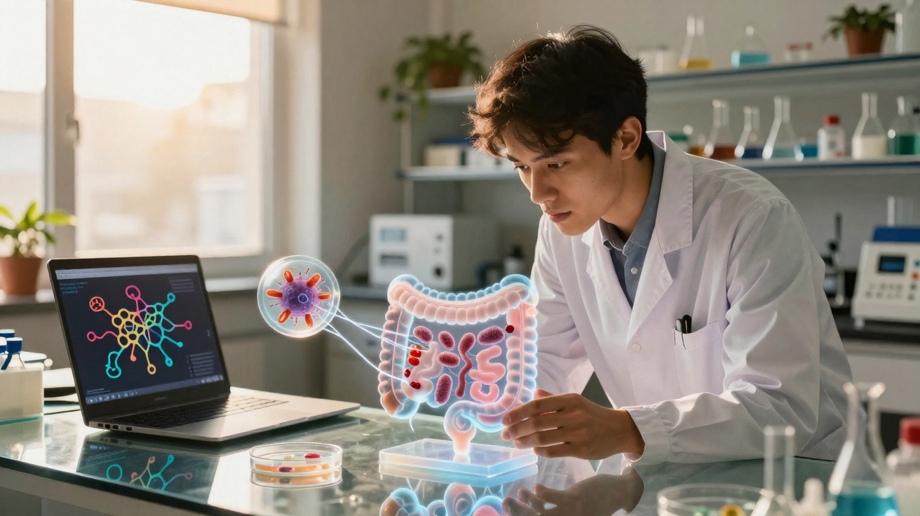 Wissenschaftler im Labor untersucht digitale Darmdarstellung mit Virus- und Bakterienvergrößerung auf Tisch.