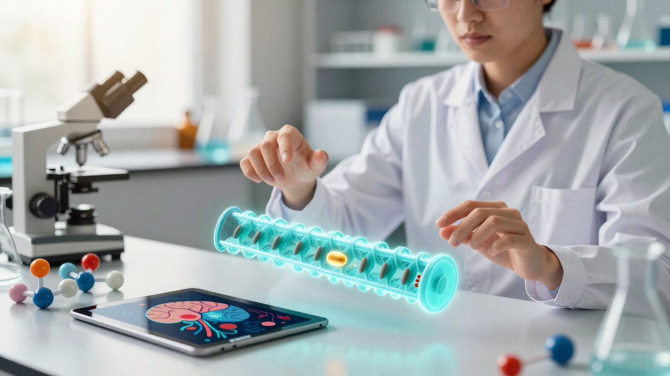 Wissenschaftlerin mit AR-Technologie untersucht digitales 3D-DNA-Modell in modernem Labor mit Tablet und Mikroskop