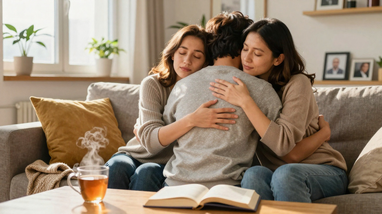 Drei Personen umarmen sich tröstend auf dem Sofa, vor ihnen ein offenes Buch und eine dampfende Tasse Tee.