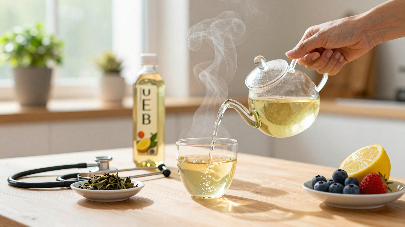 Hand gießt dampfenden Tee aus Glaskanne in Glas, auf Tisch Obst, Teeblätter und Stethoskop.