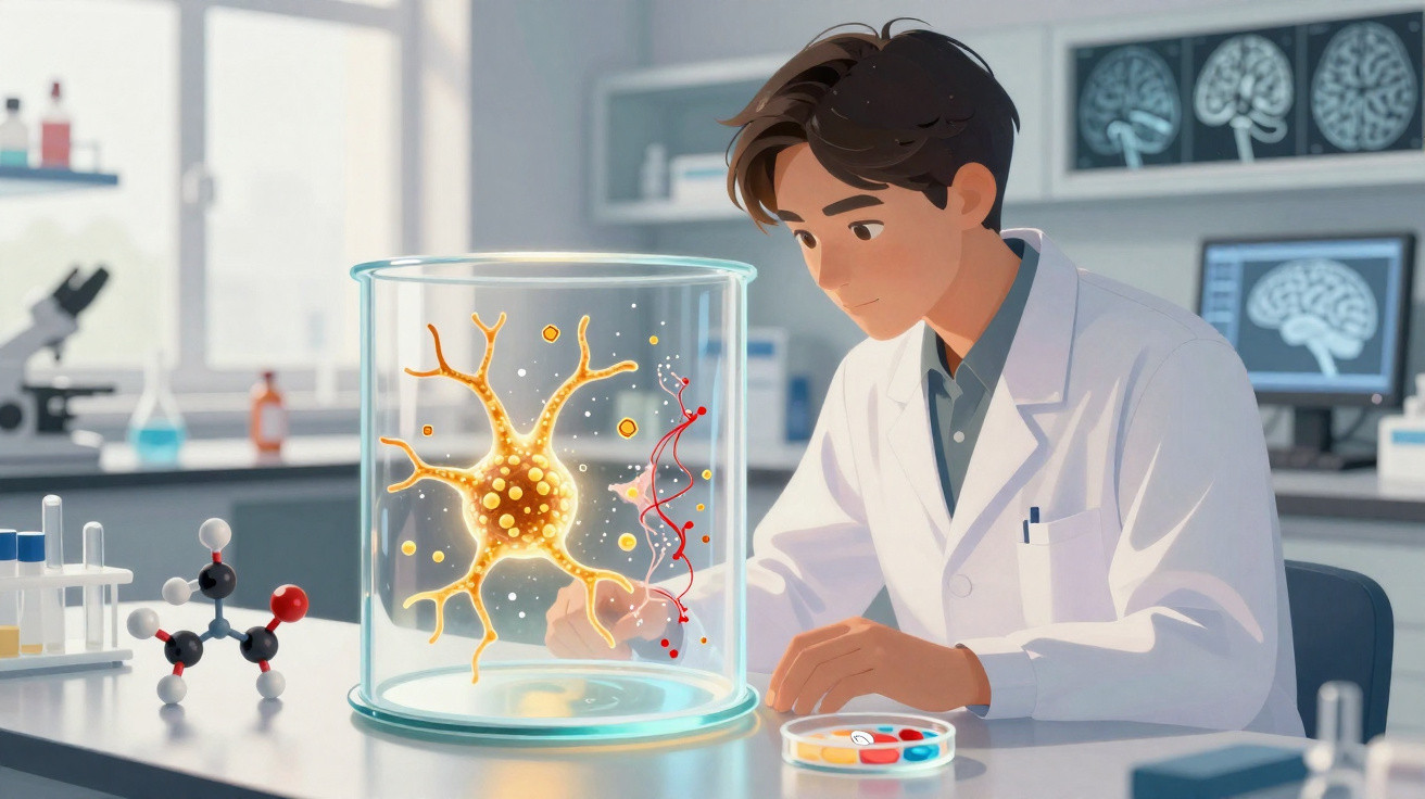 Wissenschaftler im Labor untersucht eine neuronale Zelle und DNA in einem transparenten Behälter.
