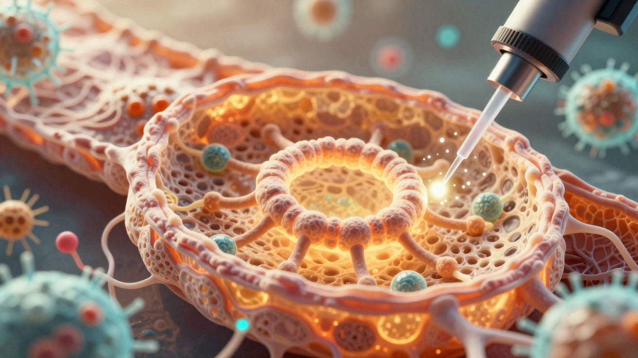 Nanotechnologische Behandlung von Zellen mit einer mikroskopischen Pipette im Labor.