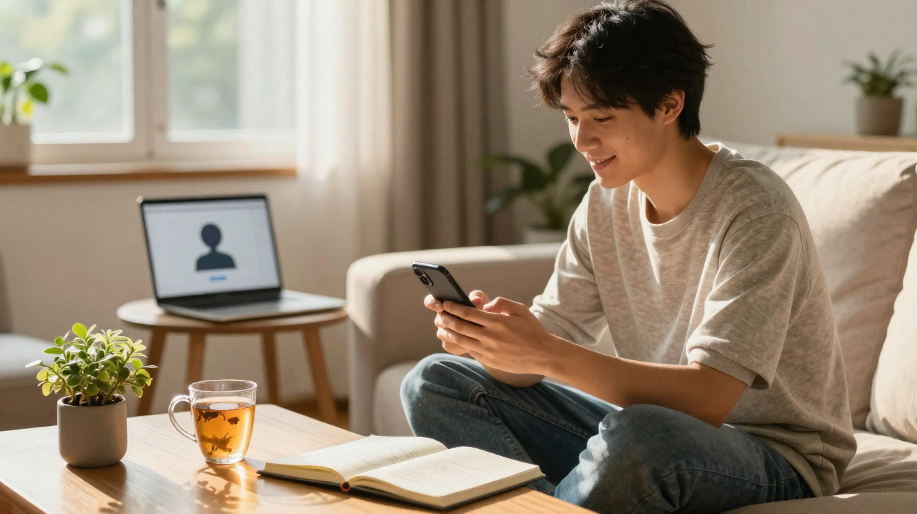 Junger Mann sitzt auf Sofa, schaut lächelnd auf Smartphone, mit offenem Buch und Tee auf Tisch davor.
