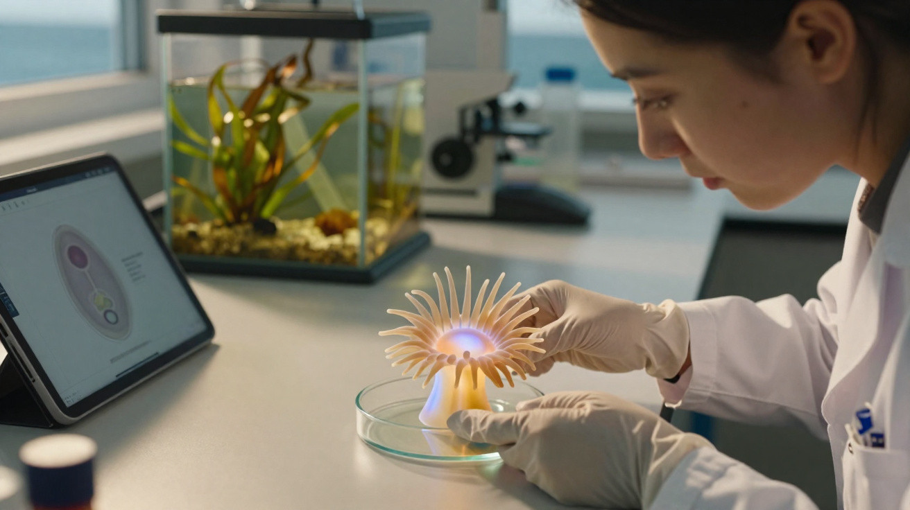 Wissenschaftlerin untersucht im Labor ein biolumineszentes Meeresorganismus-Modell in einer Petrischale.