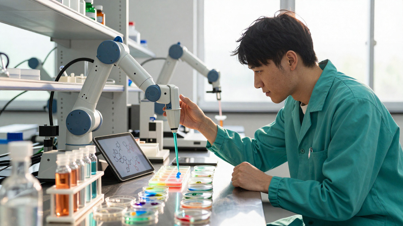 Wissenschaftler im Labor benutzt einen automatisierten Roboterarm, um Flüssigkeit in Petrischalen zu pipettieren.