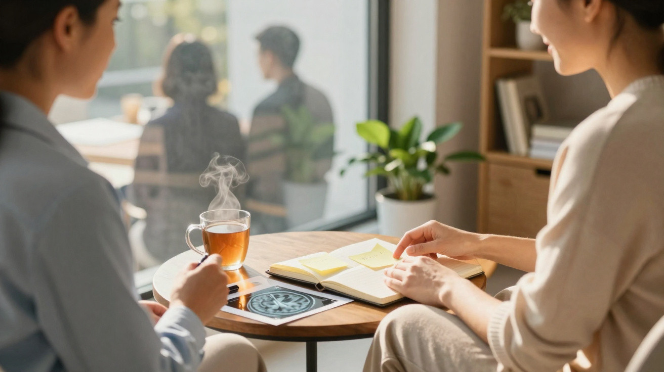 Zwei Personen sitzen an einem Tisch mit Notizbuch und Tee, im Hintergrund Fenster und Pflanzen.