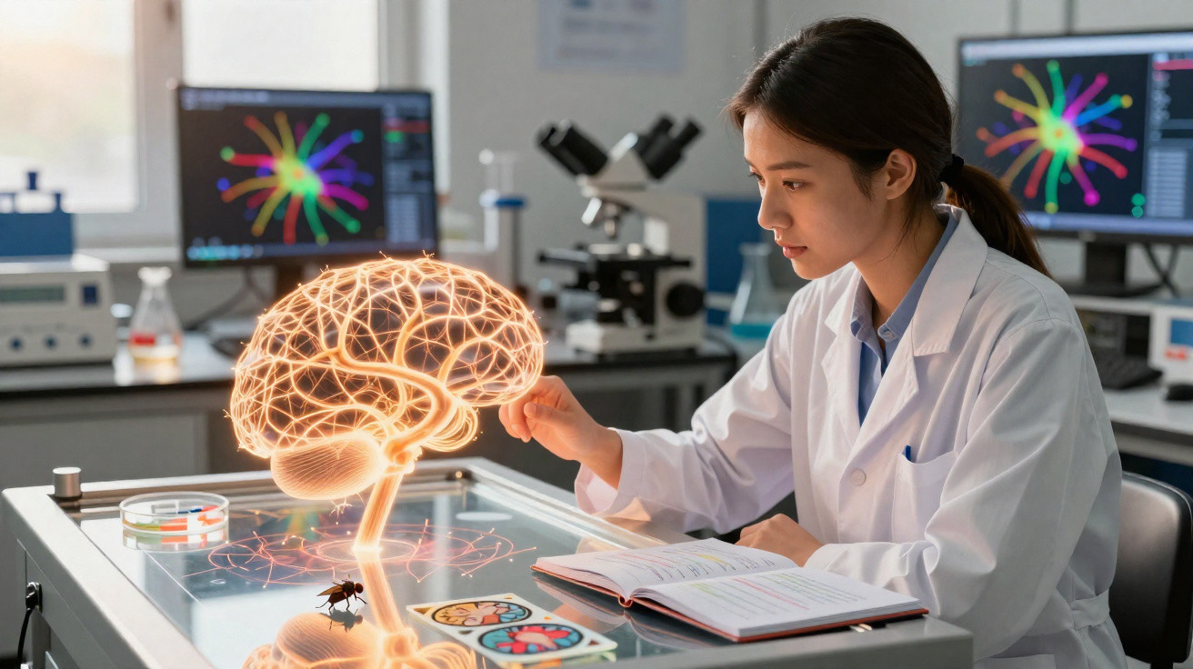 Wissenschaftlerin im Labor untersucht holografisches, leuchtendes Gehirnmodell neben geöffnetem Buch.