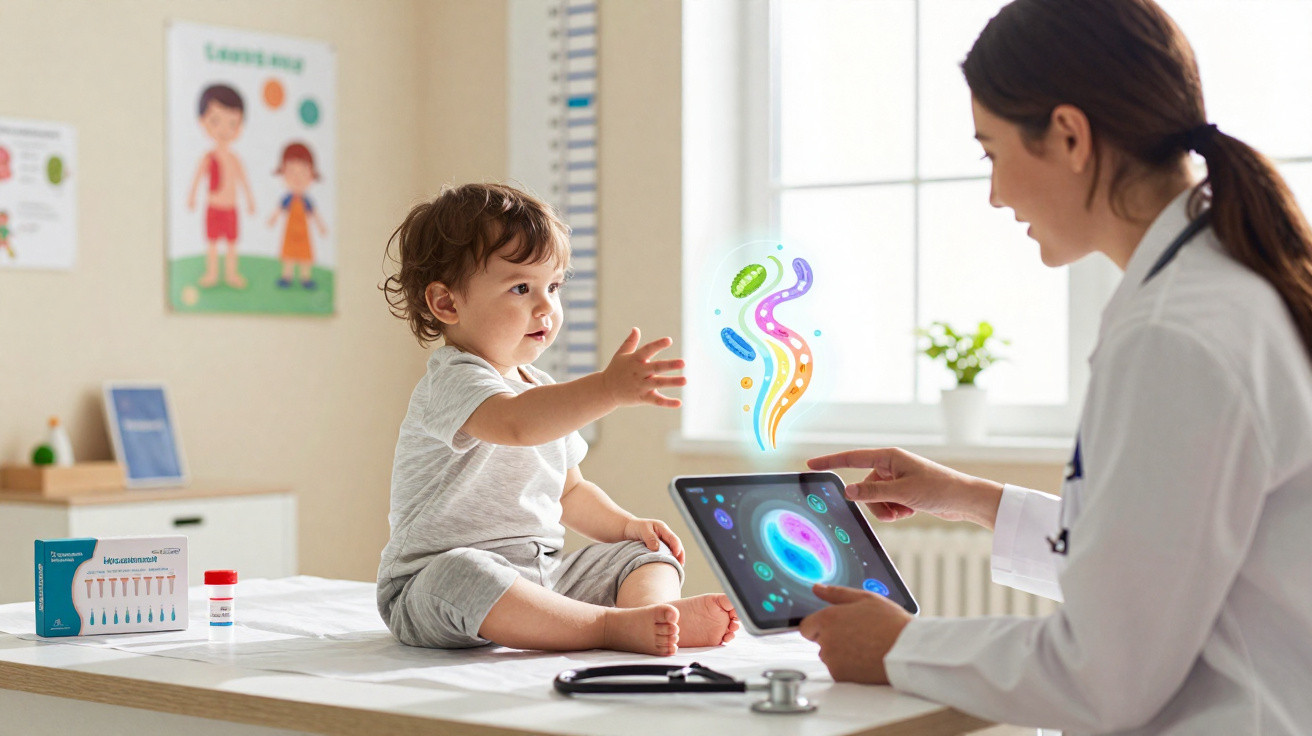Arzt zeigt Kleinkind bunte Mikroben-Animation auf Tablet im hellen Behandlungszimmer.