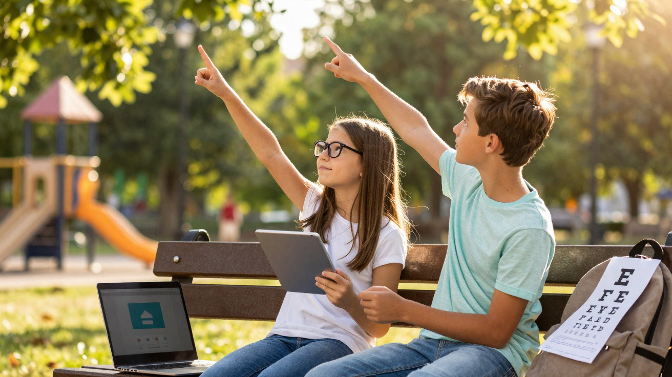 Zwei Kinder sitzen auf Parkbank, zeigen nach oben, Mädchen hält Tablet, Laptop und Sehkarte liegen neben ihnen.