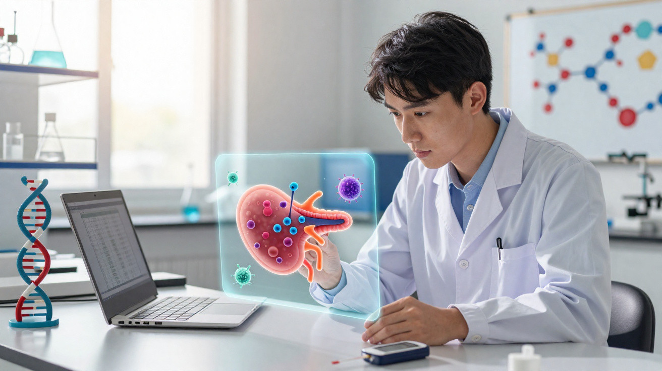 Wissenschaftler analysiert digitale Darstellung der Bauchspeicheldrüse im Labor mit Laptop und DNA-Modell.