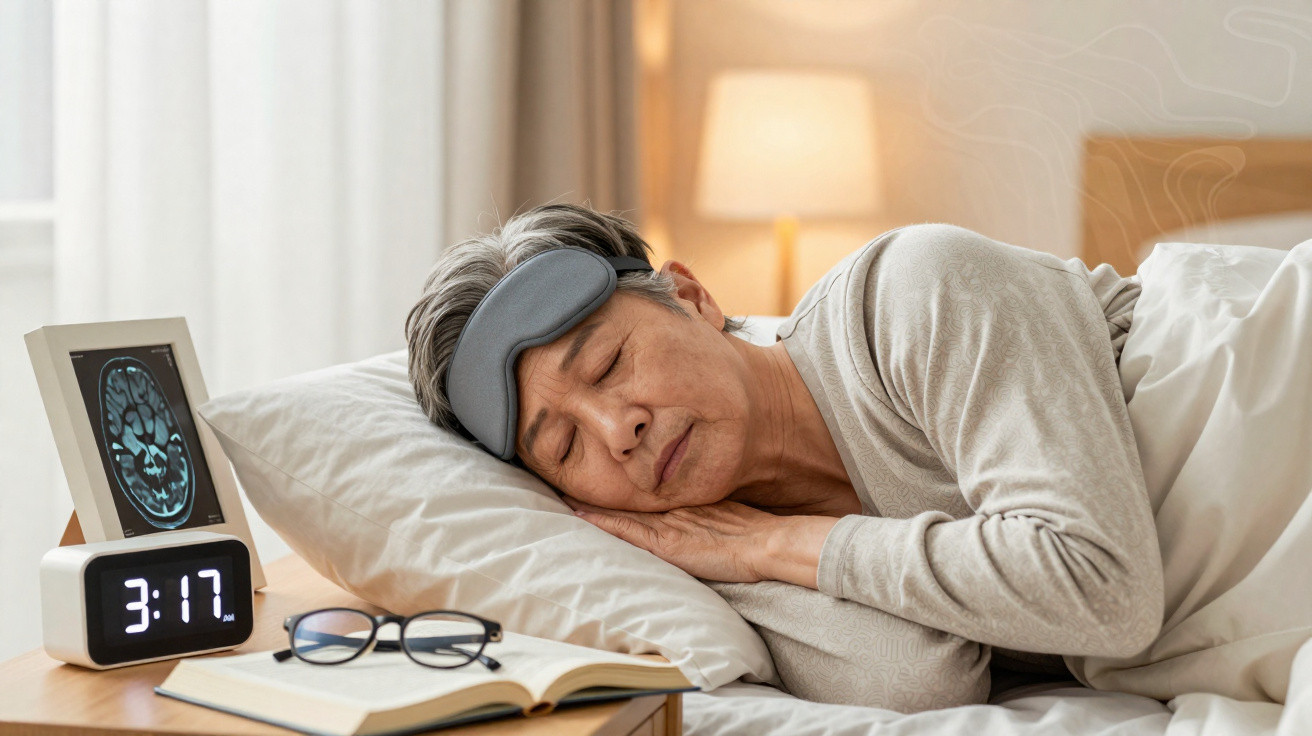 Ältere Person schläft im Bett mit Schlafmaske, neben Nachttisch mit Buch, Brille, Wecker und Hirnscan-Bild.