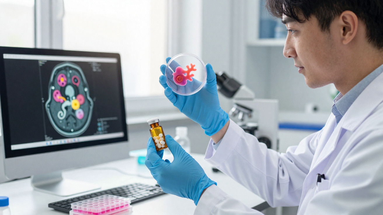 Wissenschaftler im Labor untersucht Medikamentenfläschchen und Petrischale mit Gehirnmodell vor Computermonitor.