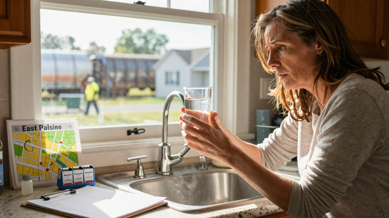 Frau hält ein Glas mit klarem Wasser an einem Küchenspülbecken, Blick zum Fenster im Hintergrund.