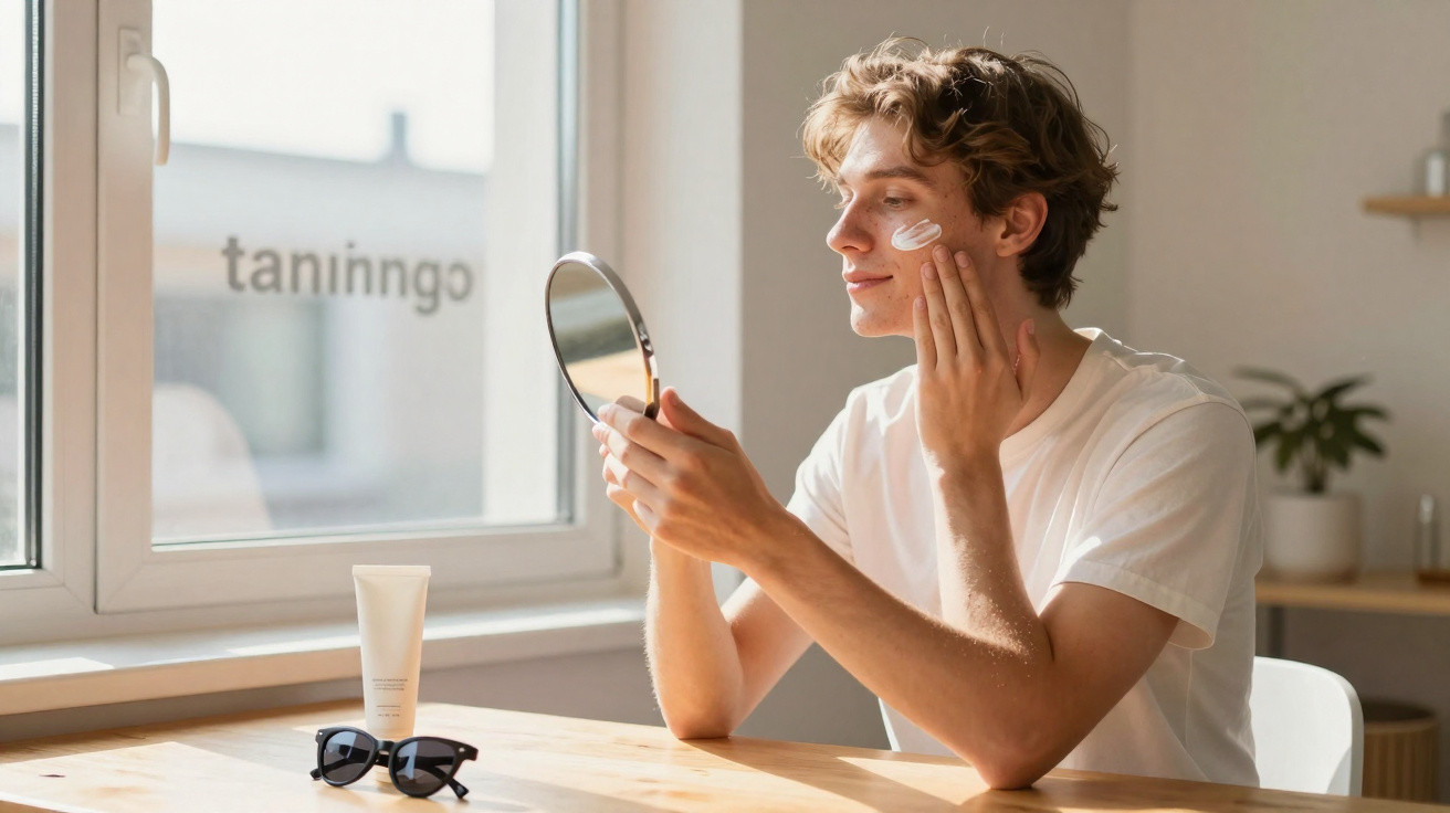 Junger Mann trägt Creme im Gesicht auf und betrachtet sich im Handspiegel am Fenster mit Spenderröhre und Sonnenbrille.
