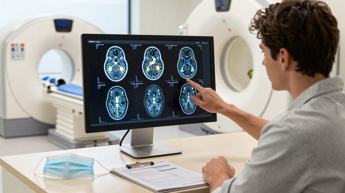 Arzt analysiert MRT-Bilder vom Gehirn auf einem Bildschirm vor einem CT-Scanner in einem Untersuchungsraum.