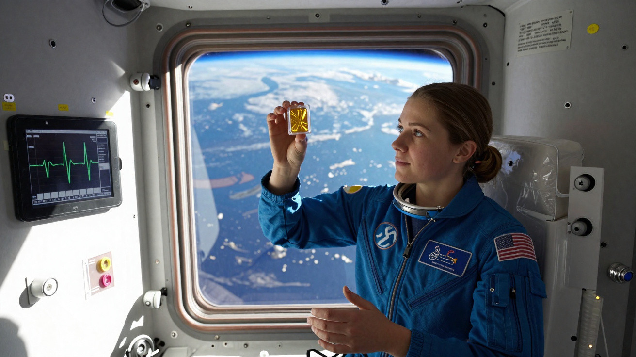 Astronautin im Raumanzug betrachtet transparentes Objekt vor Fenster mit Blick auf Erde aus dem All.