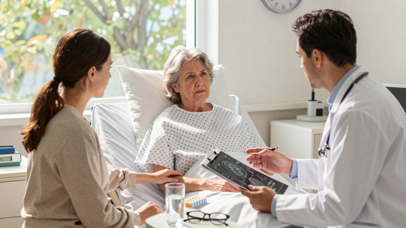 Ältere Patientin im Krankenhausbett, Angehörige hält ihre Hand, Arzt bespricht Röntgenbild.