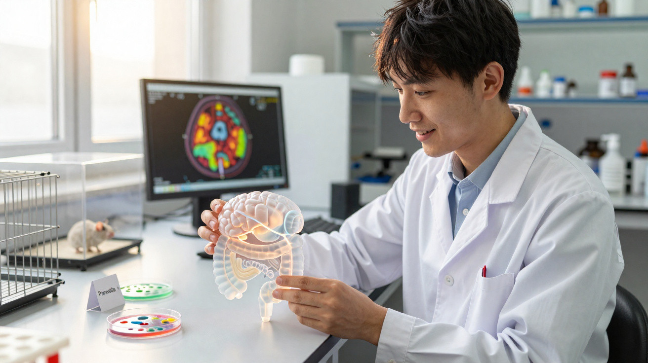 Wissenschaftler im Labor untersucht ein transparentes Darmmodell mit Computer-Darm-Scan im Hintergrund.