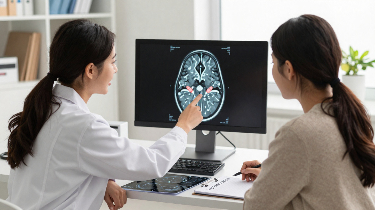 Ärztin erklärt Patientin Gehirnscan auf Monitor im Praxiszimmer während Beratung.