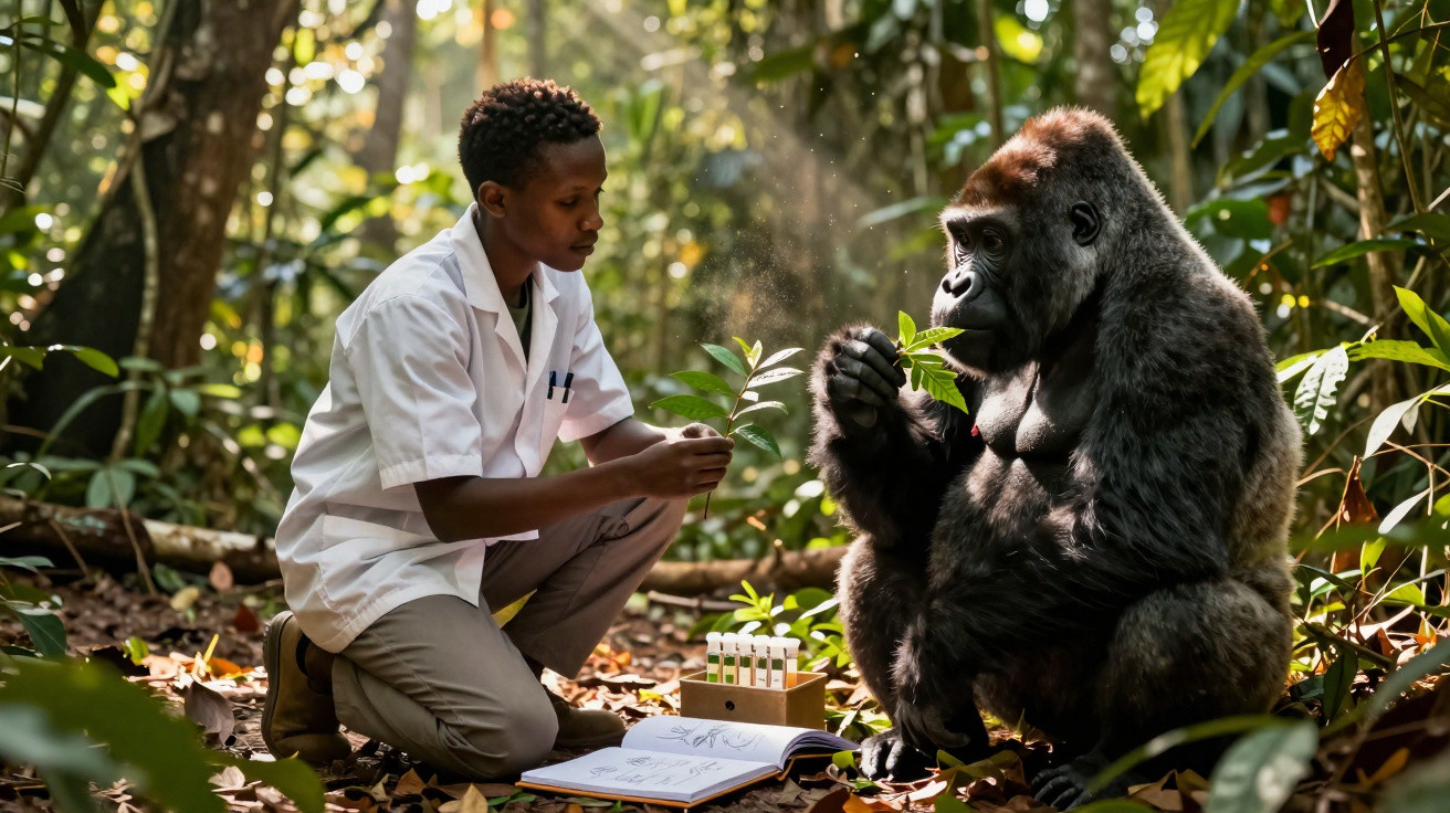 Mann in weißem Kittel untersucht Pflanze im Wald, sitzt neben sitzendem Gorilla, der Blätter hält.