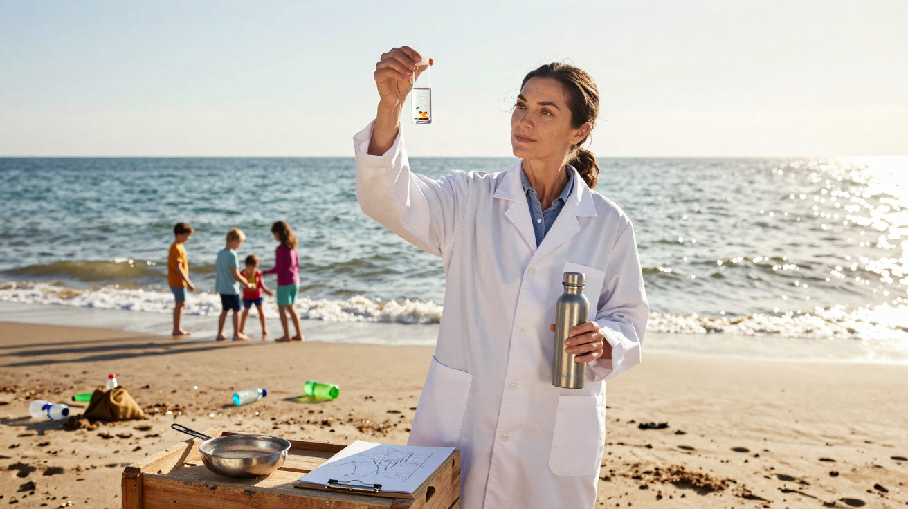 Wissenschaftlerin am Strand untersucht Wasserprobe aus einem Glasbehälter bei Sonnenlicht.