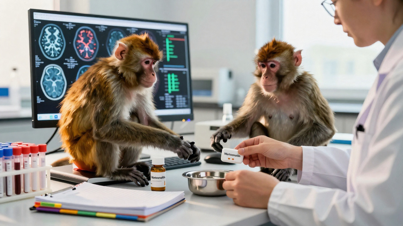 Zwei Äffchen in einem Labor erhalten von einem Wissenschaftler Medikamente vor einem Bildschirm mit Hirnbildern.