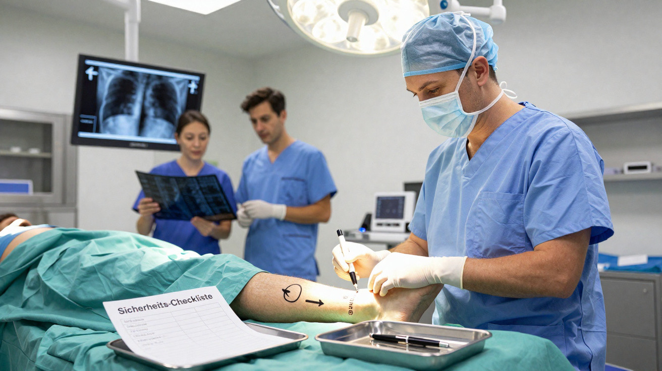 Chirurg markiert Operationsstelle am Bein eines Patienten, im Hintergrund Ärzte mit Röntgenbildern.