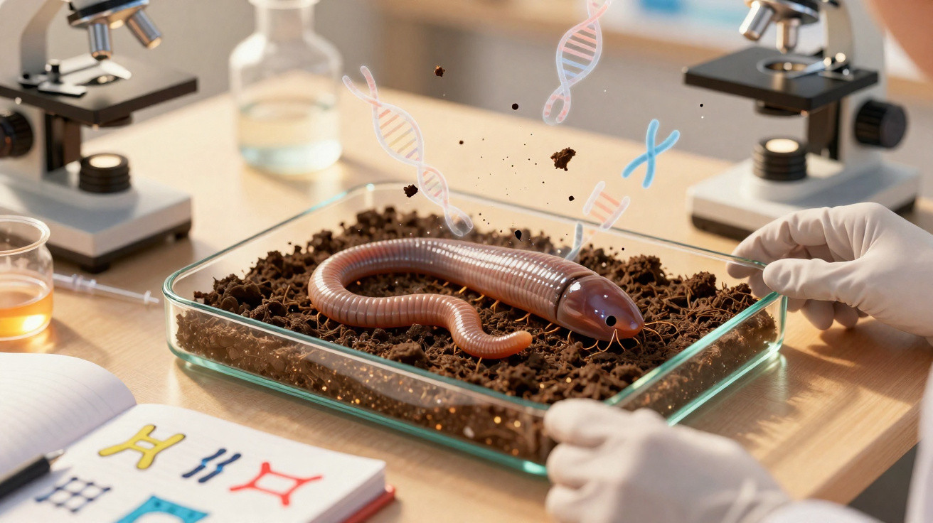 Regenwurm im Labor auf Erde in Glasbehälter, umgeben von Mikroskopen und DNA-Grafiken.